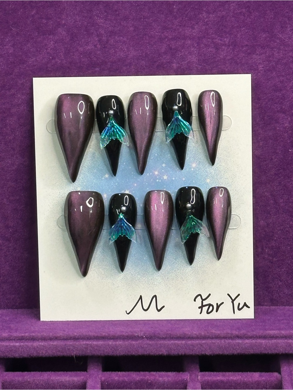 Purple and Black Cat Eye Mermaid Dragon Claws Press-On Nails - Medium Size